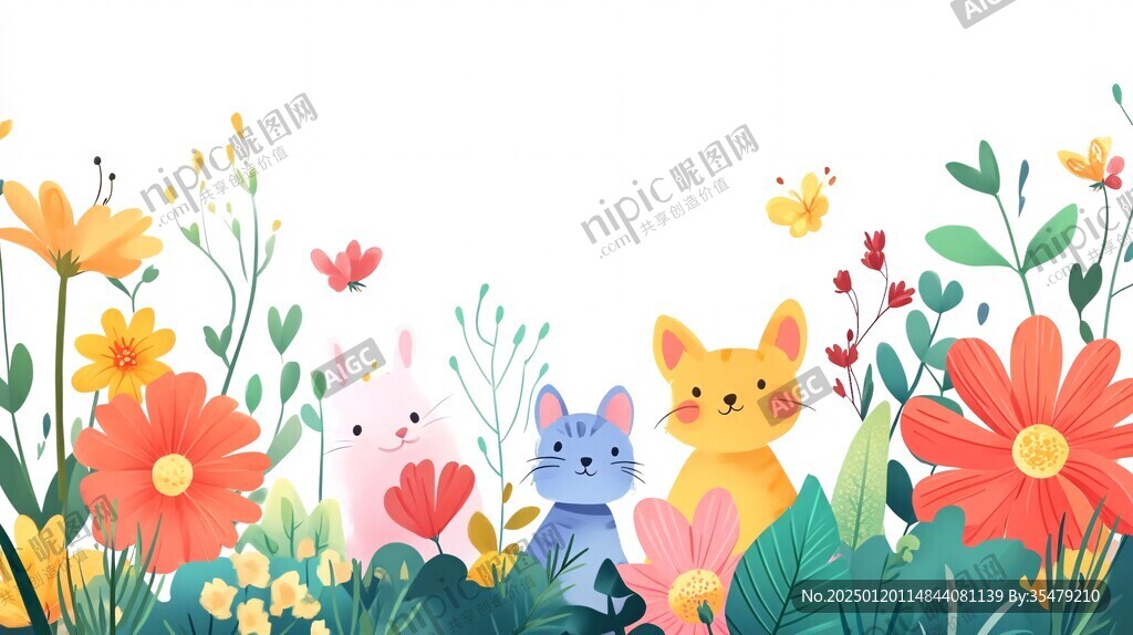 花叢邊的貓咪插畫