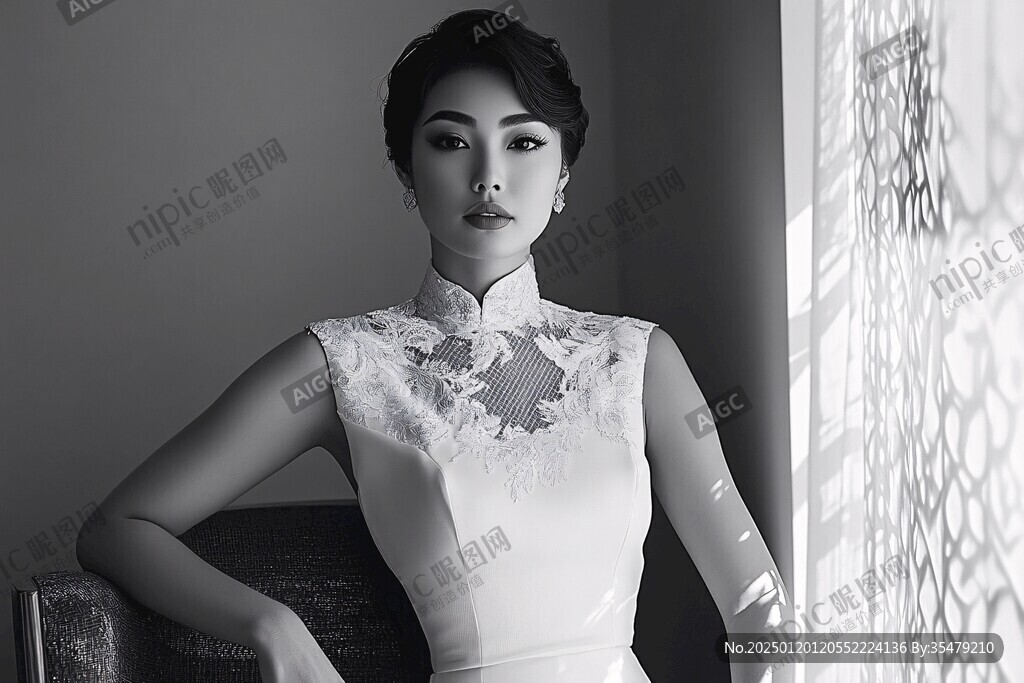 旗袍美女黑白圖