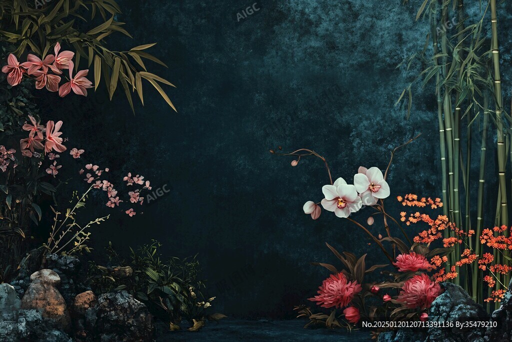 假山流水花卉背景