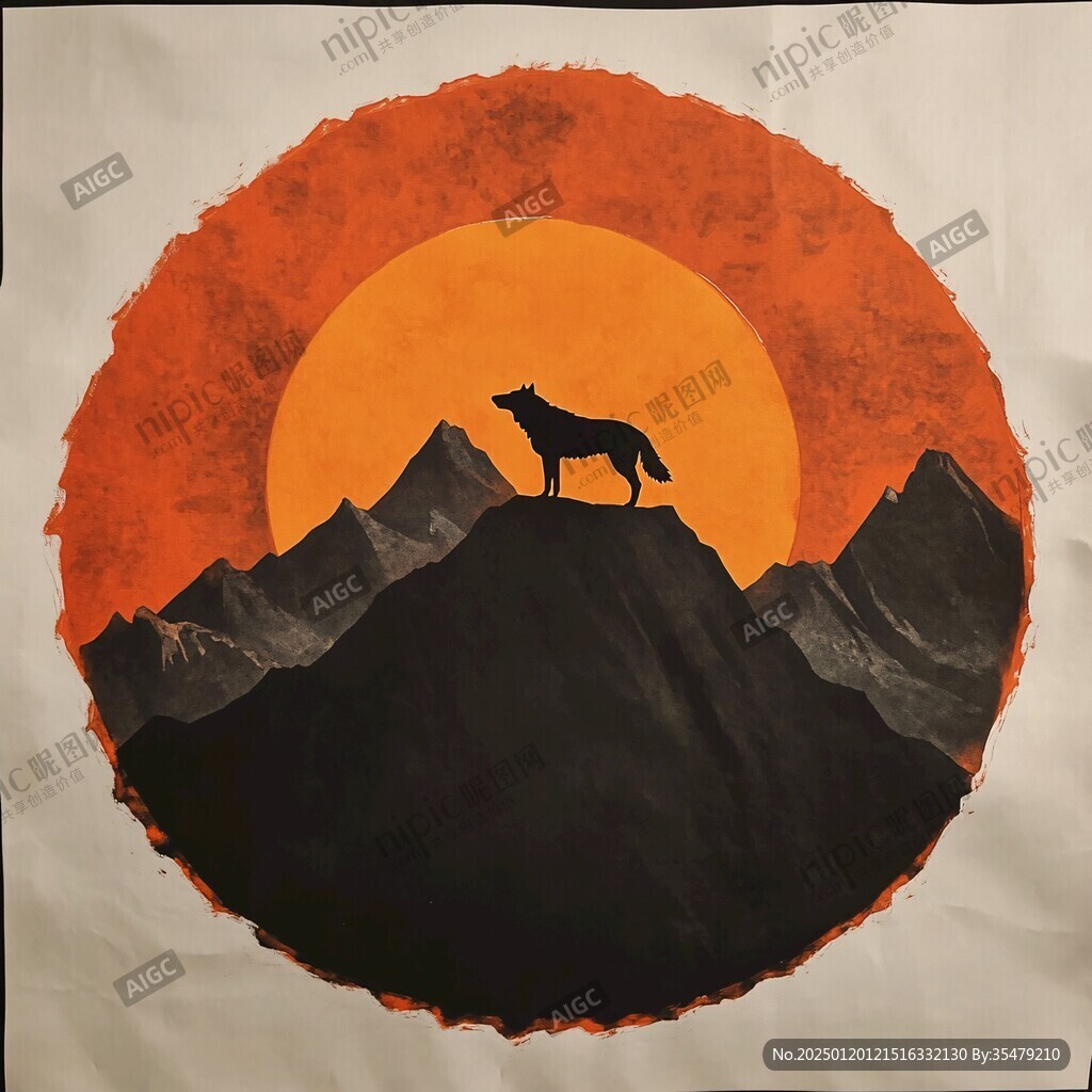 日落水墨畫日落群山