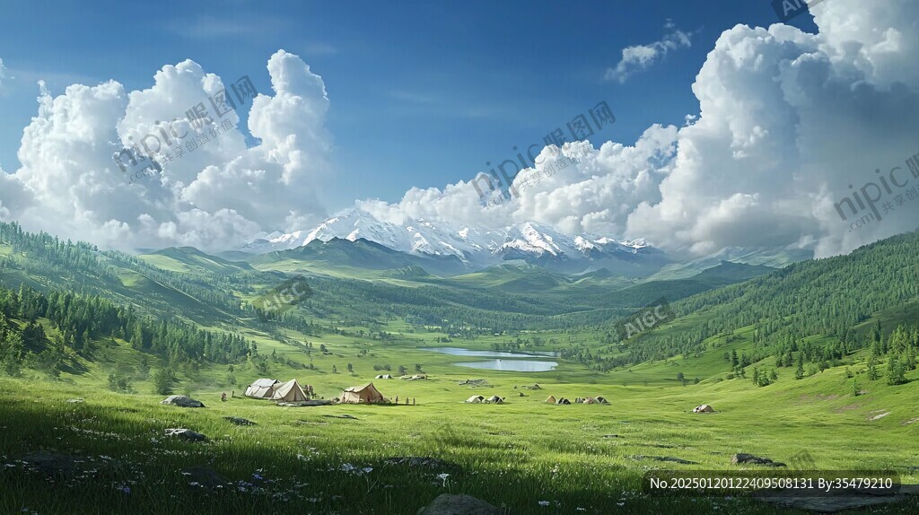 藍(lán)天白云山脈草地背景