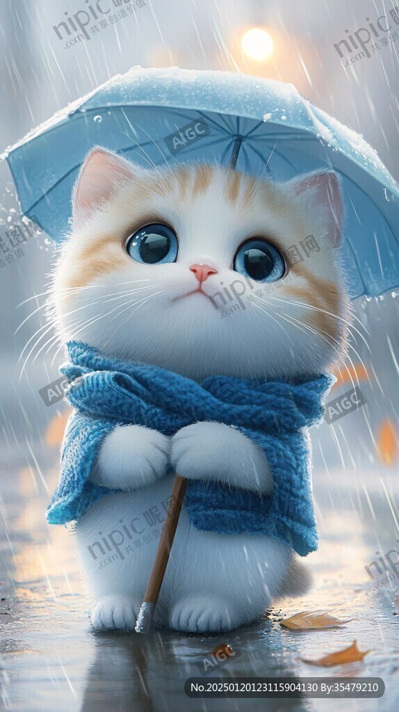 雨天傘下躲雨貓咪插畫