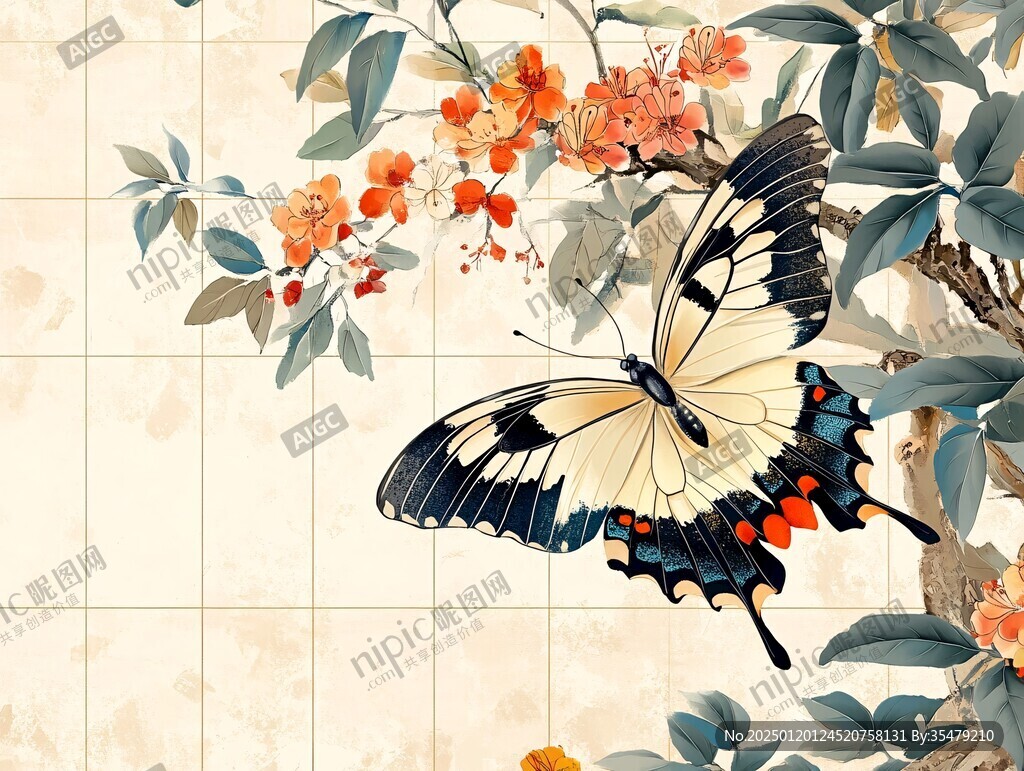 蝴蝶中式工筆花鳥
