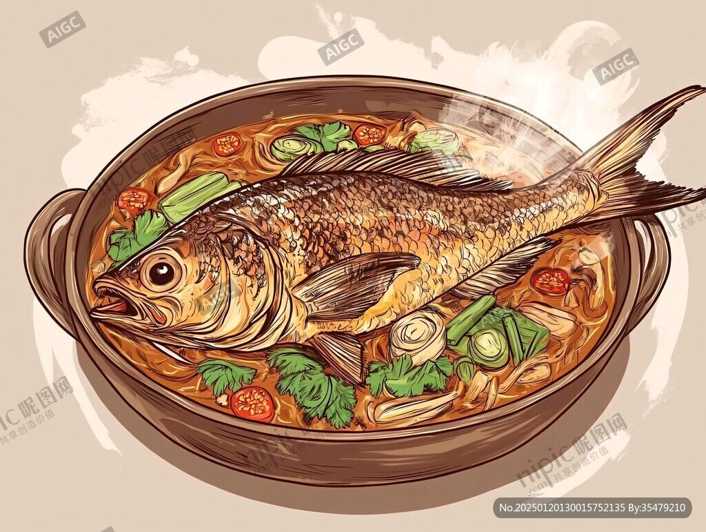 鐵鍋燉魚插畫