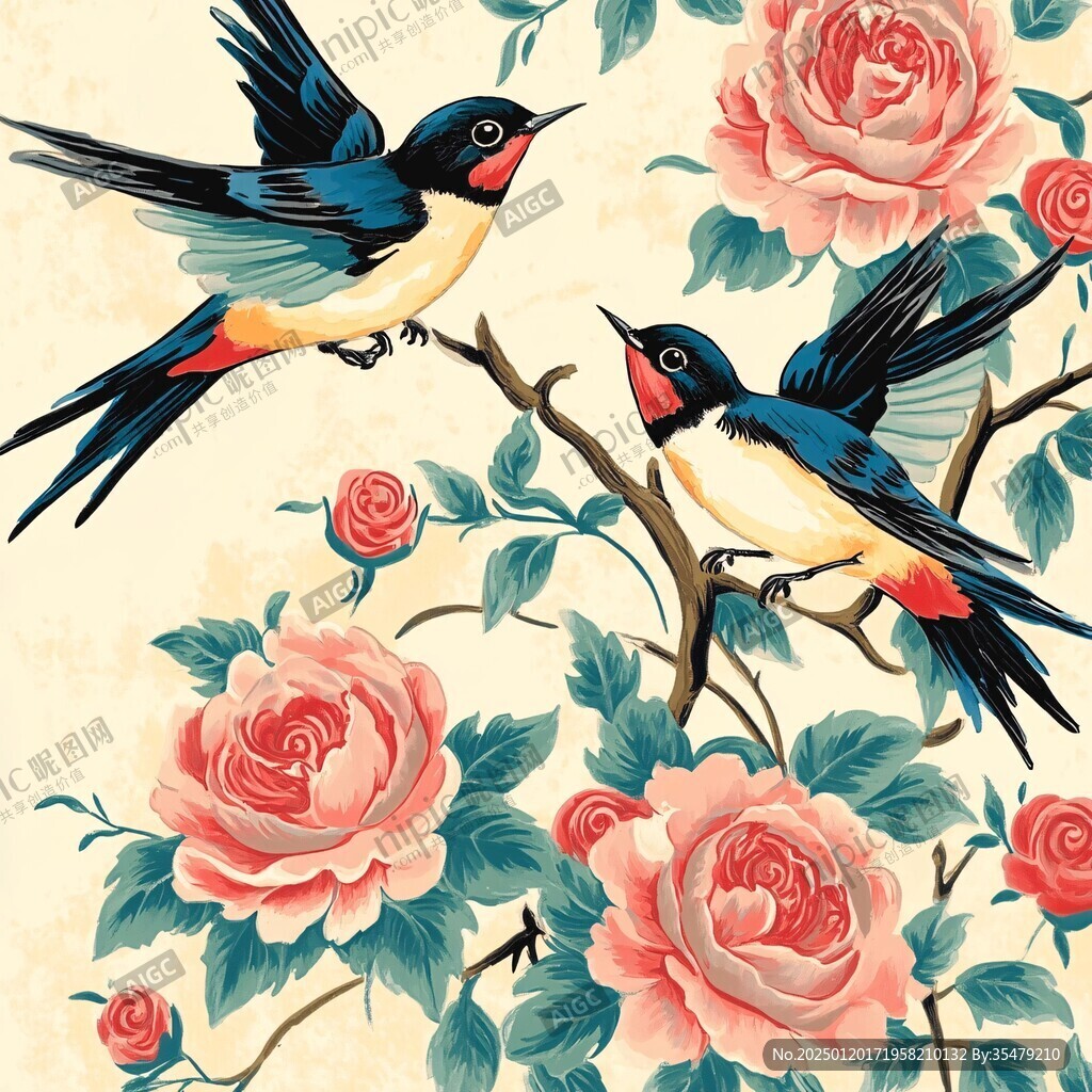 鳥印花玫瑰花紋