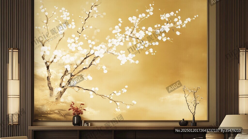 手繪梅花背景墻