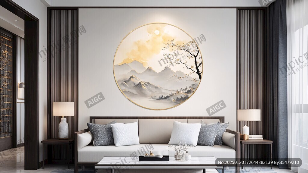 新中式圓框山水畫