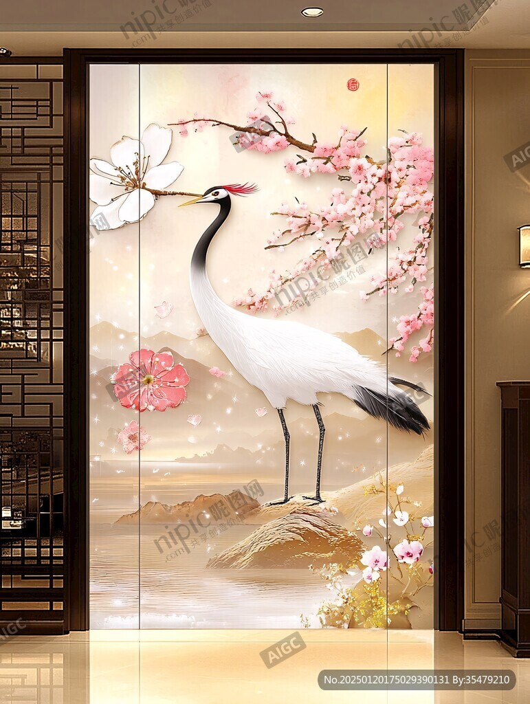 丹頂鶴梅花豎版掛畫