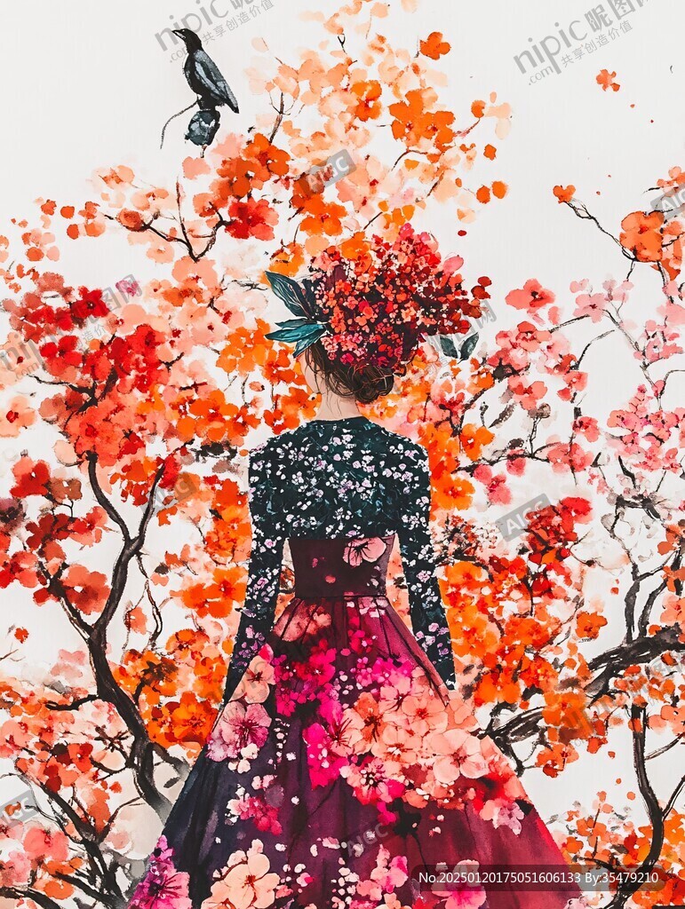 花瓣旗袍女人剪影