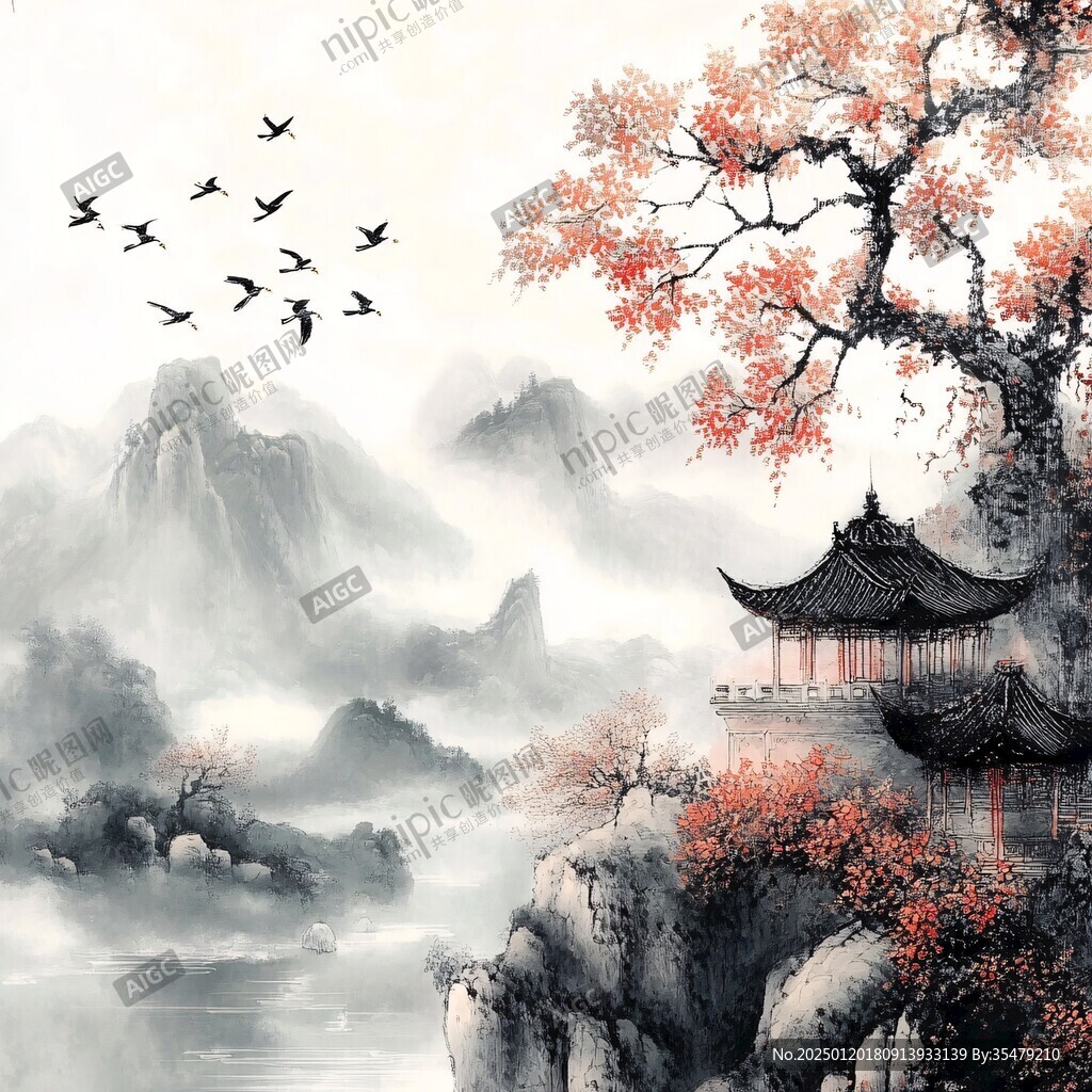 仙鶴樓閣古風(fēng)山水畫(huà)