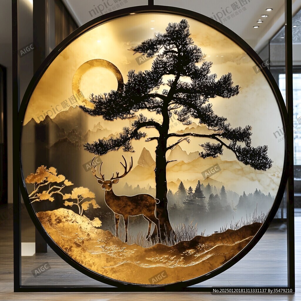 圓形迎客松屏風
