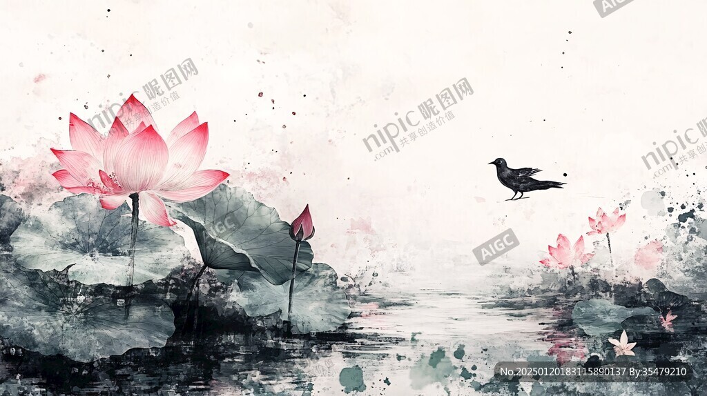 意境風(fēng)景畫(huà)水彩荷花