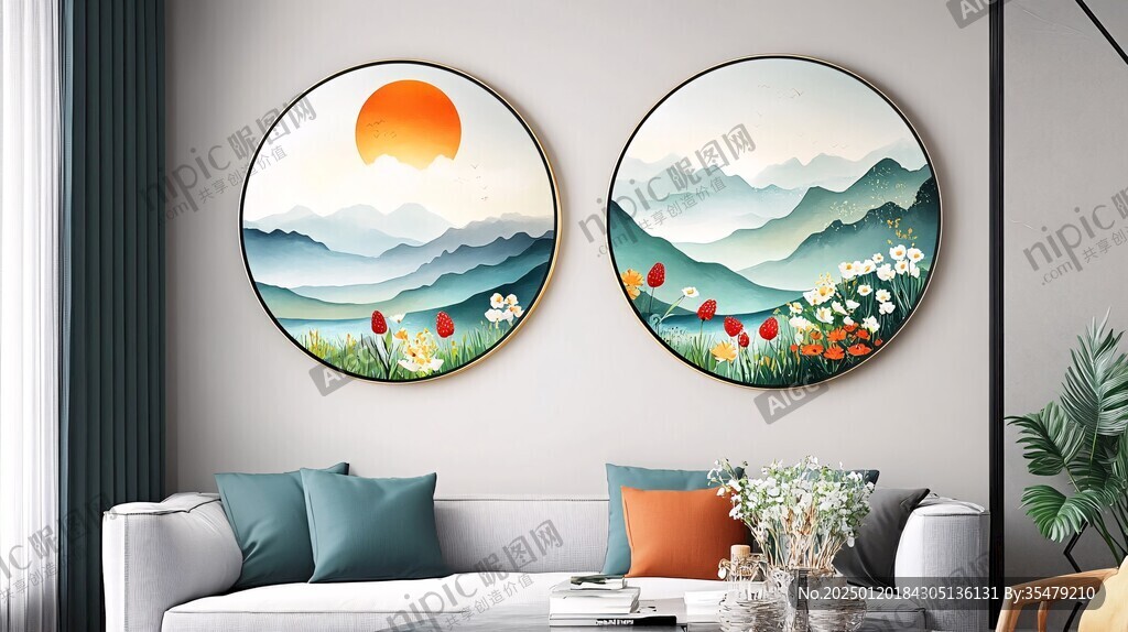 山水圓形掛畫