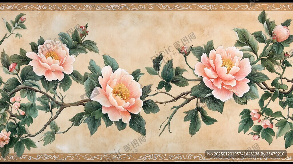 手繪牡丹花鳥(niǎo)壁畫(huà)