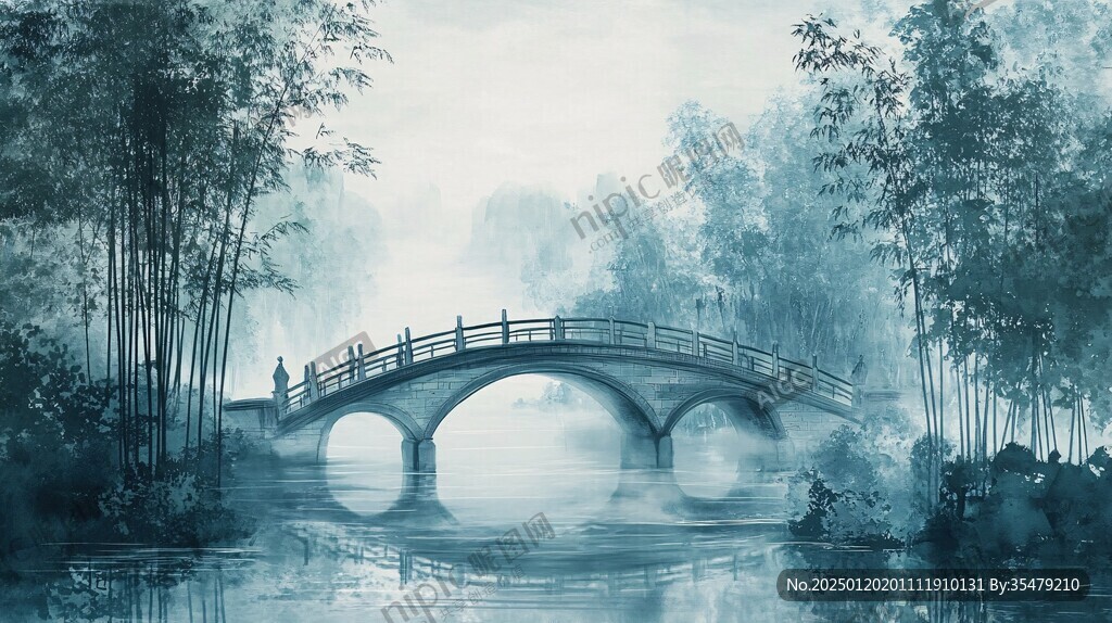 古橋竹林山水