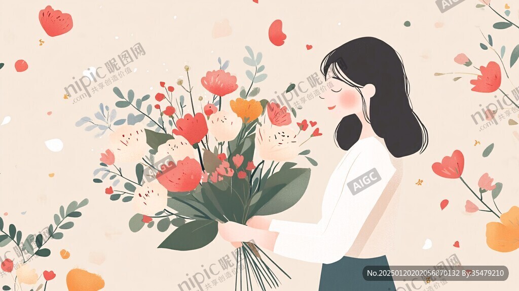 女孩捧花微笑插畫(huà)