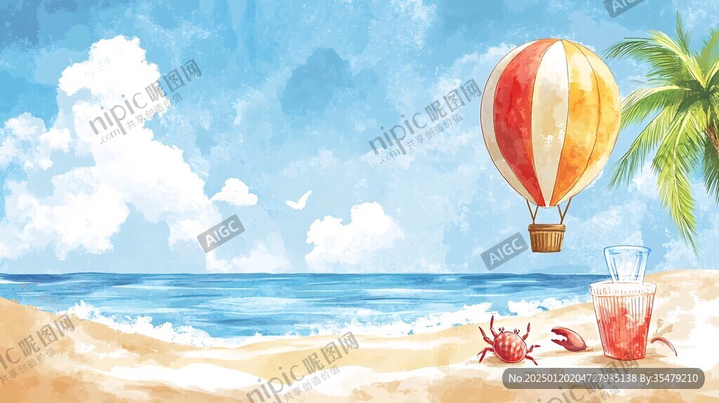 夏季唯美海灘插畫