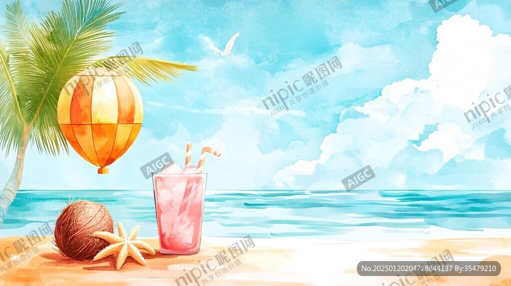 夏季唯美海灘插畫