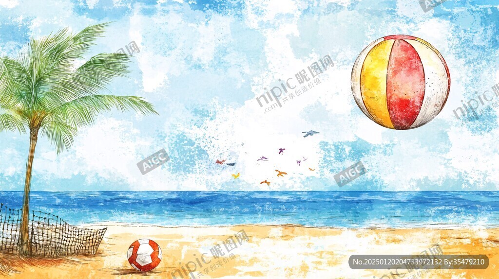 夏季唯美海灘插畫