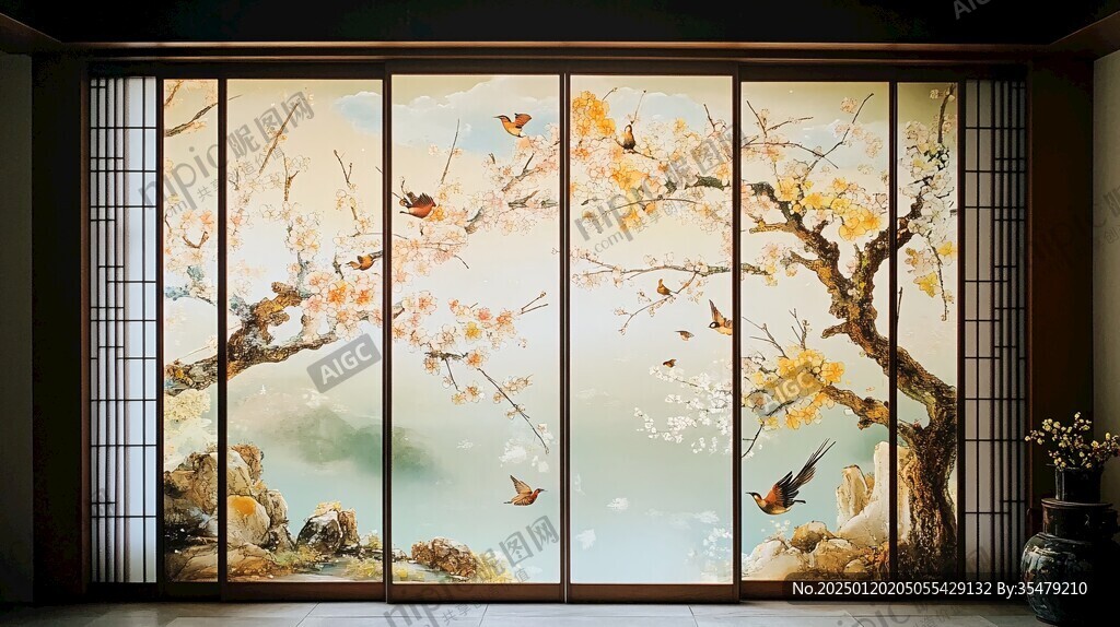 新中式花鳥屏風壁畫