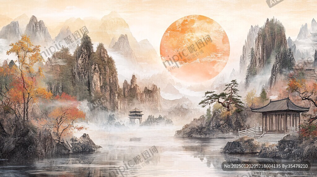 旭日東升樓閣山水畫