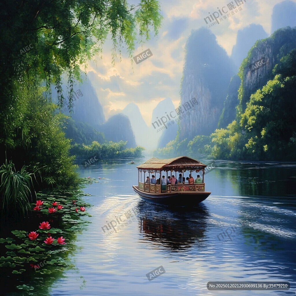 山水樓閣波光小船