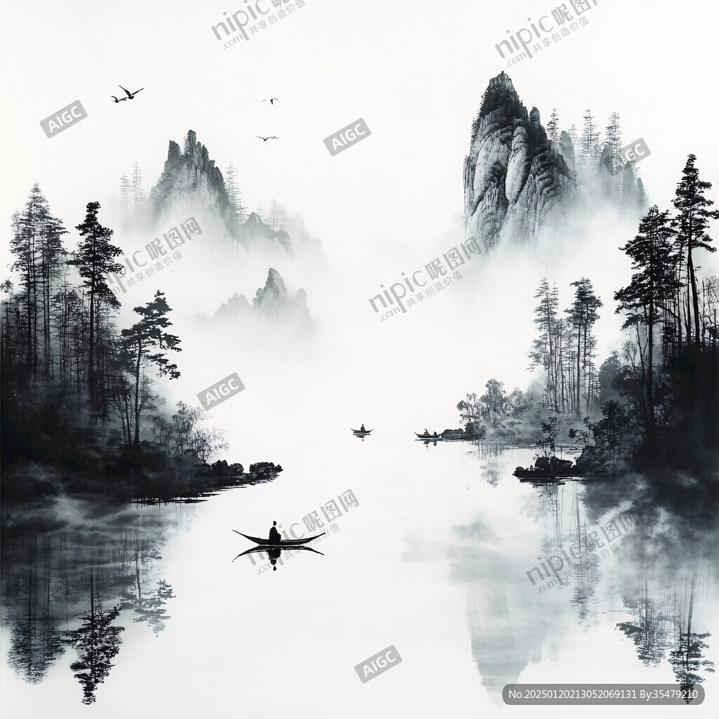 水墨山水倒影禪境