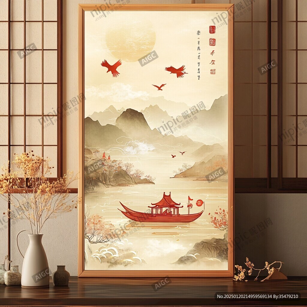 新中式山水描金樓閣畫