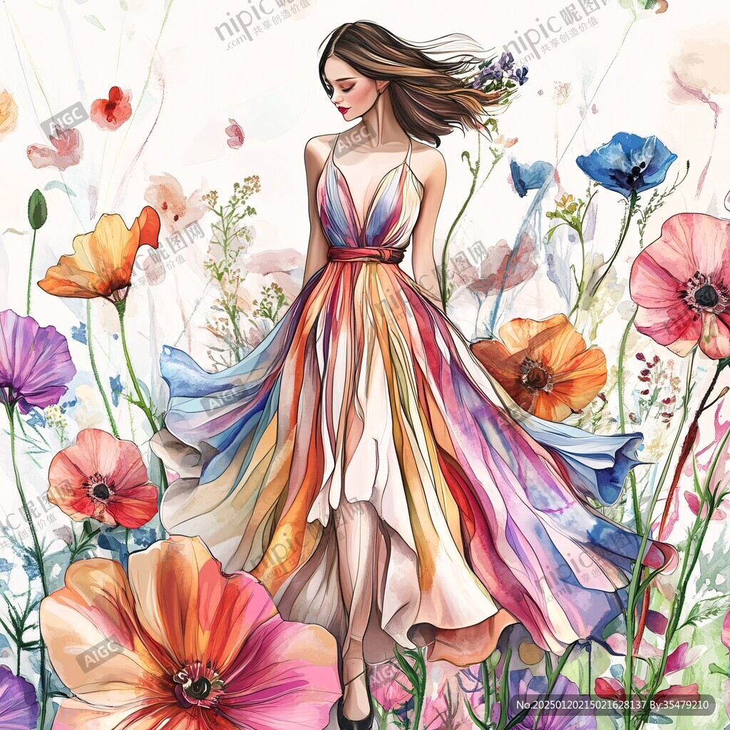 鮮花與美女手繪