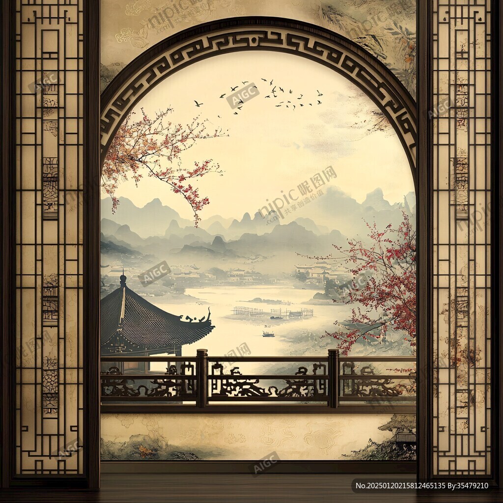 中式窗景插畫