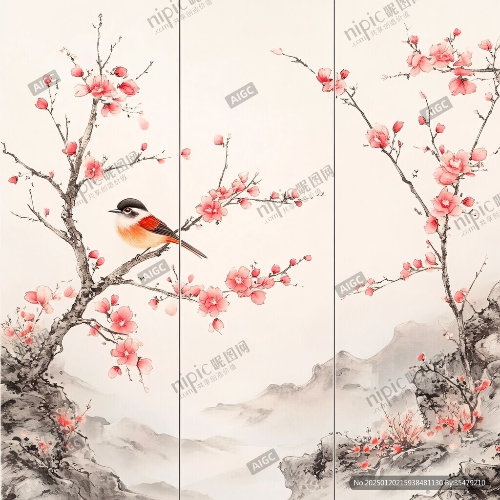 梅花工筆畫屏風(fēng)