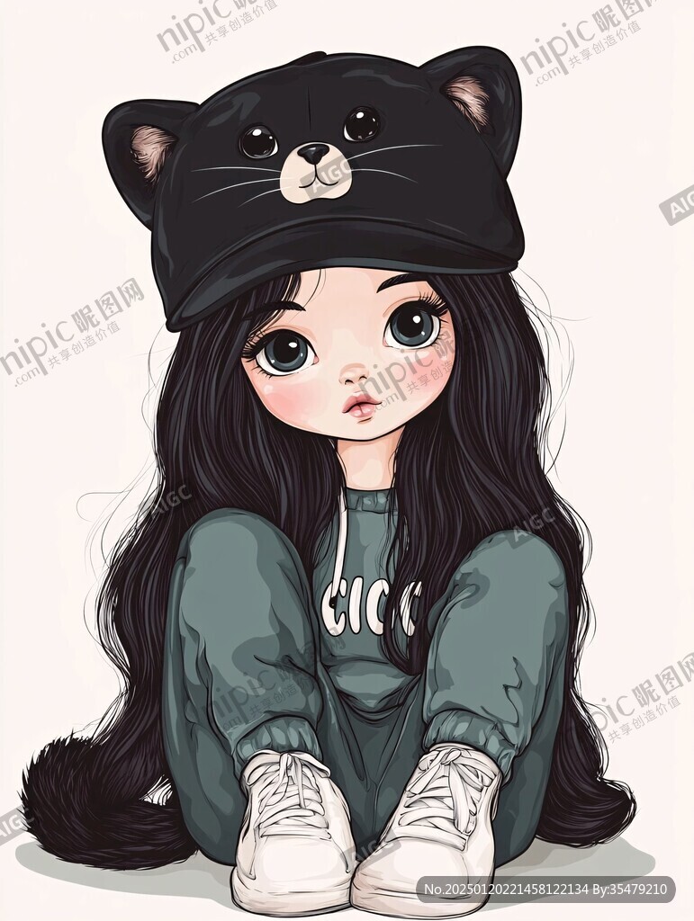 墨綠色女孩插畫