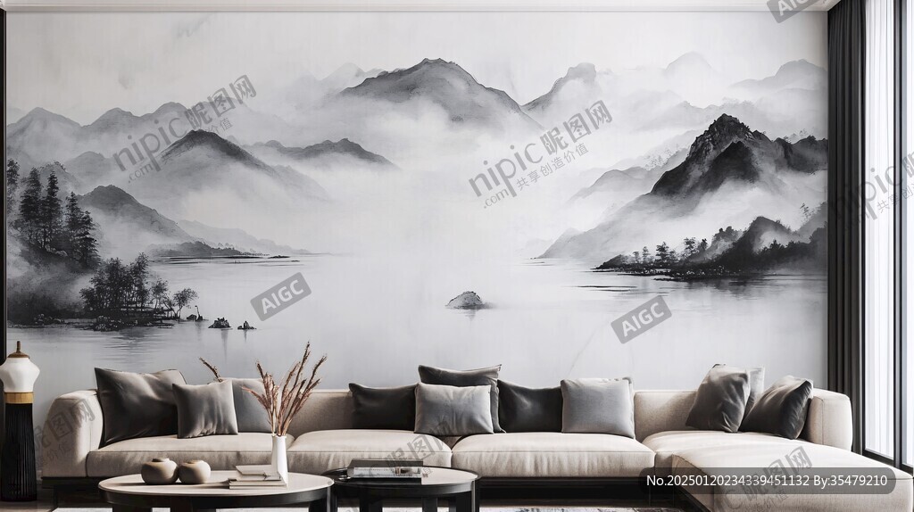 新中式山水墻紙壁畫