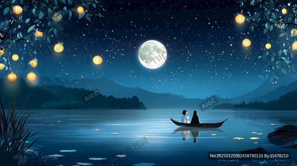 插畫夜景湖泊