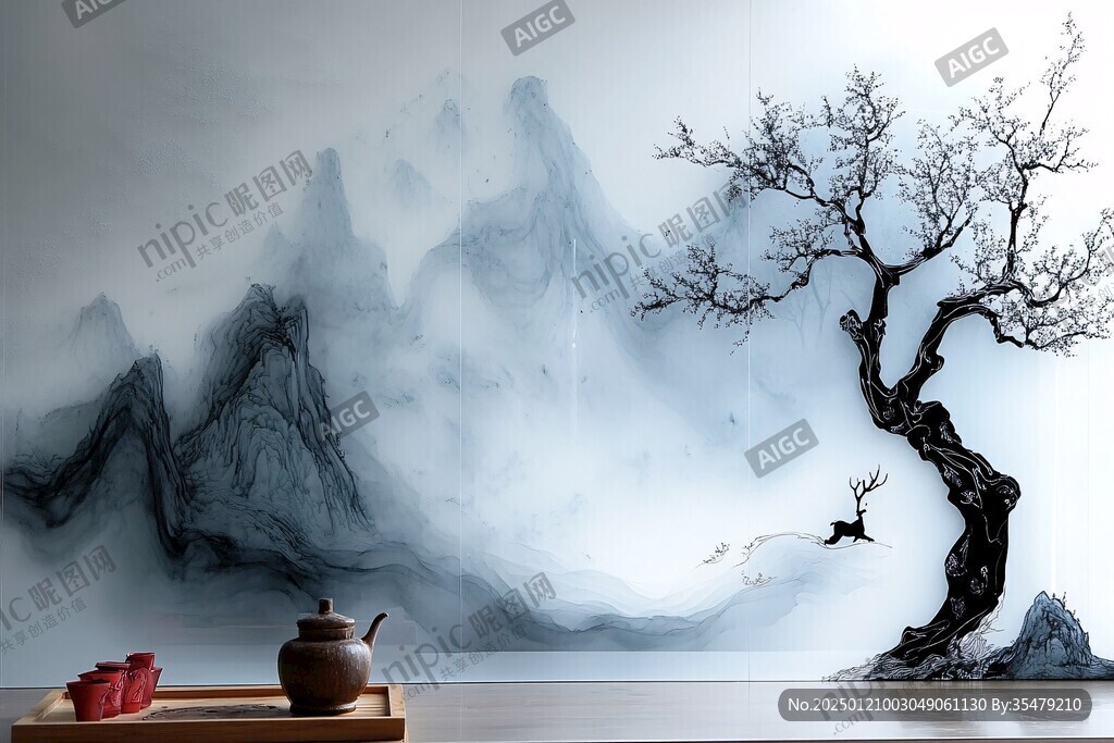 墻新中式禪意水墨畫