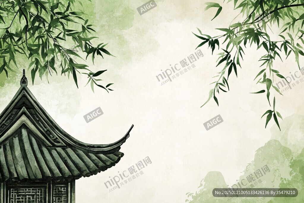 亭臺(tái)樓閣綠色背景