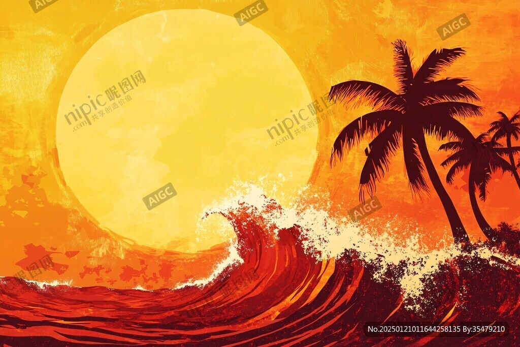 手繪海浪旭日東升