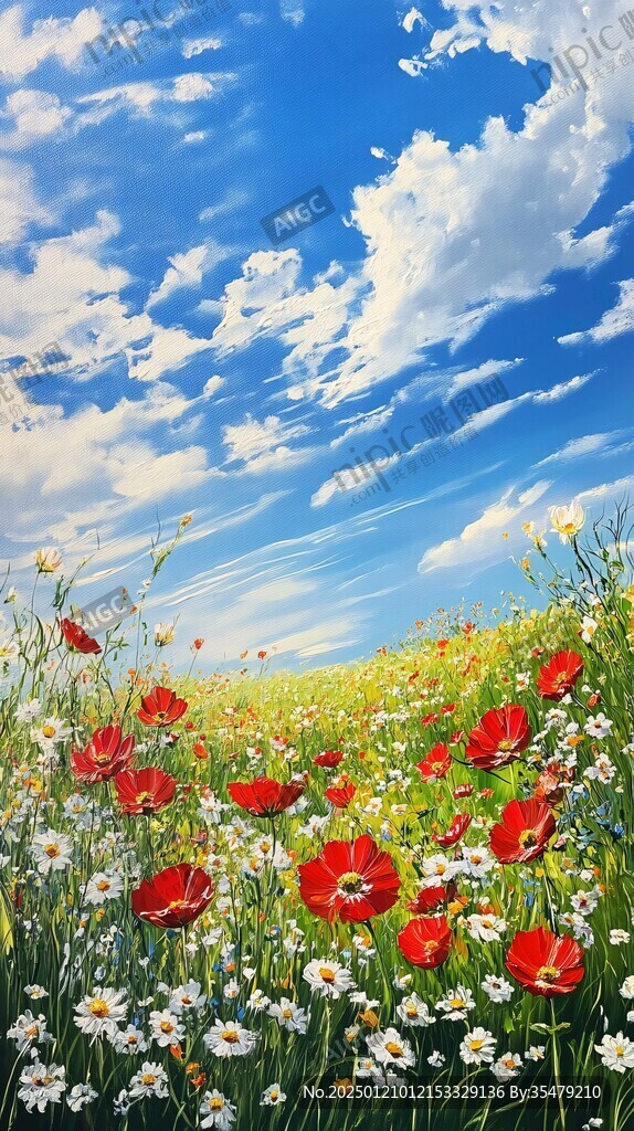 藍天白云鮮花草地