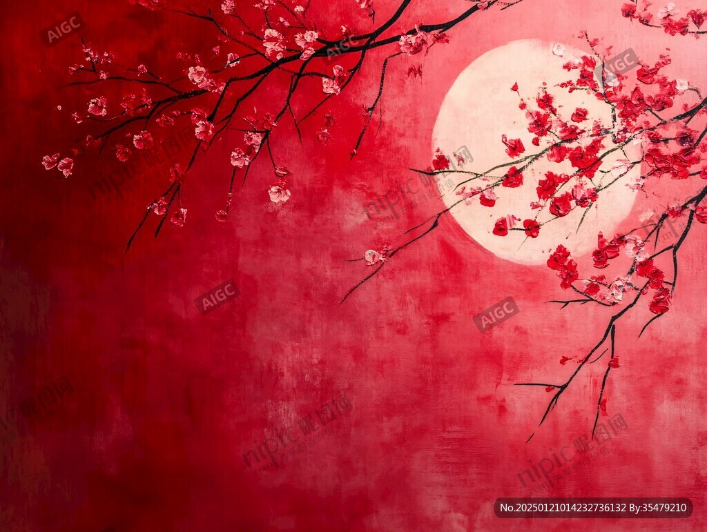 工筆手繪紅墻梅花