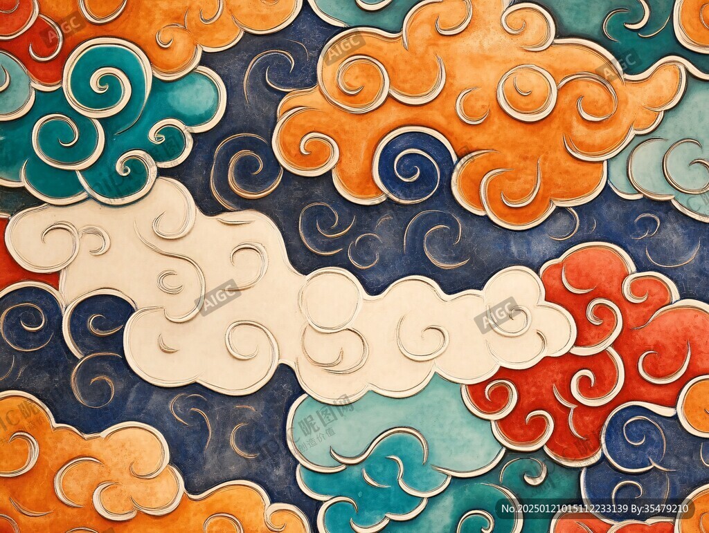 彩色云水浮雕