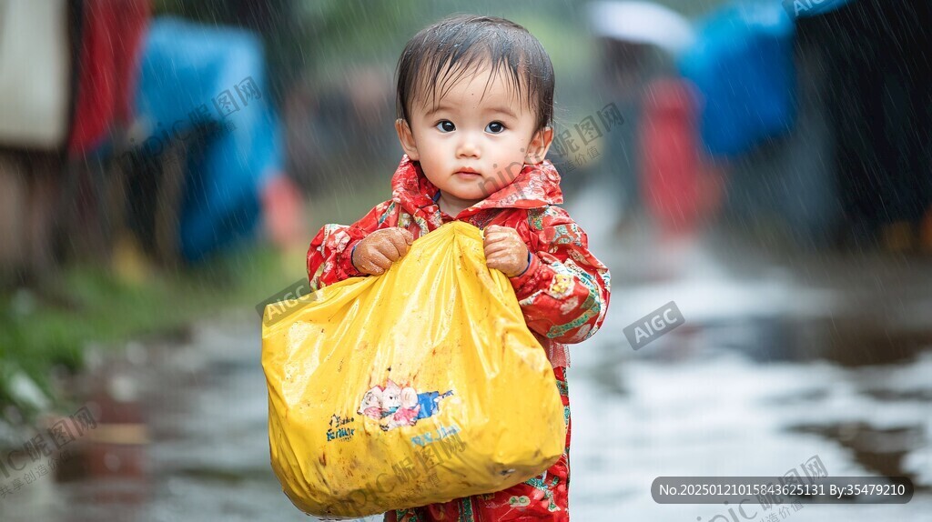 雨中玩耍的小孩