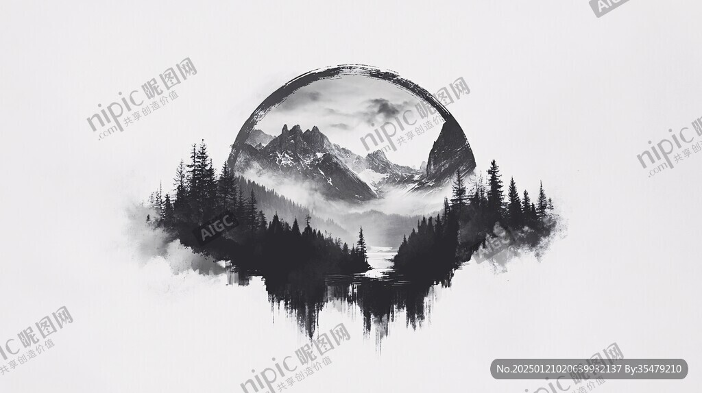 圓形水墨山