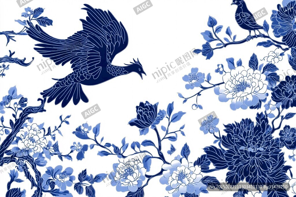 牡丹喜鵲圖插畫