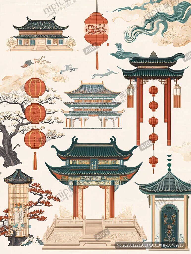 古建筑元素插畫