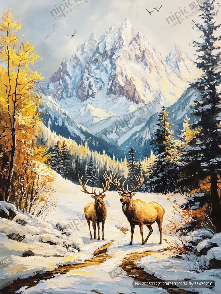 麋鹿風景油畫