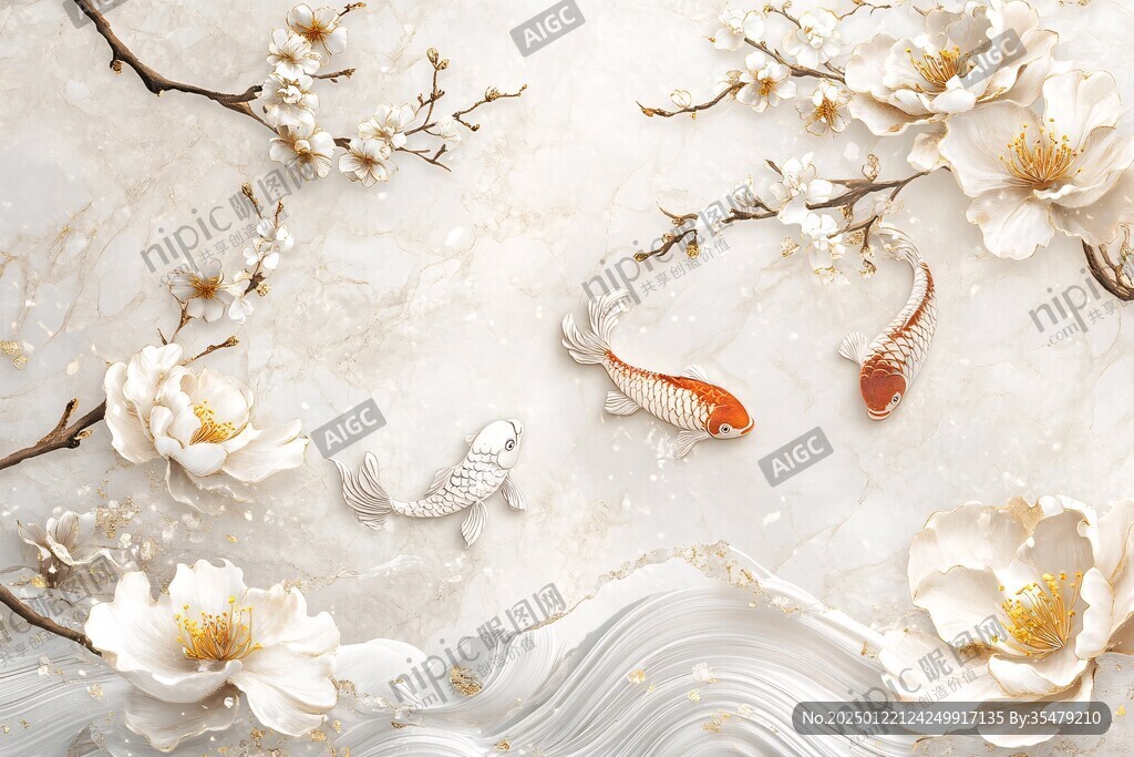 牡丹鯉魚(yú)電視背景墻