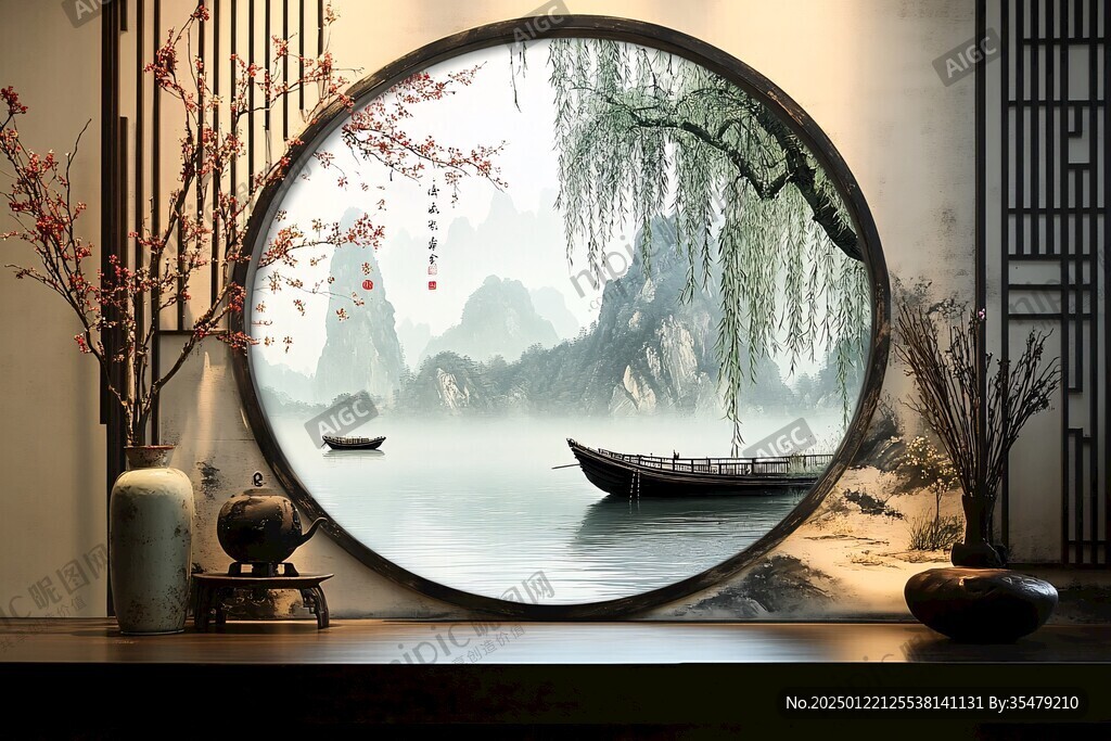 圓框山水壁畫