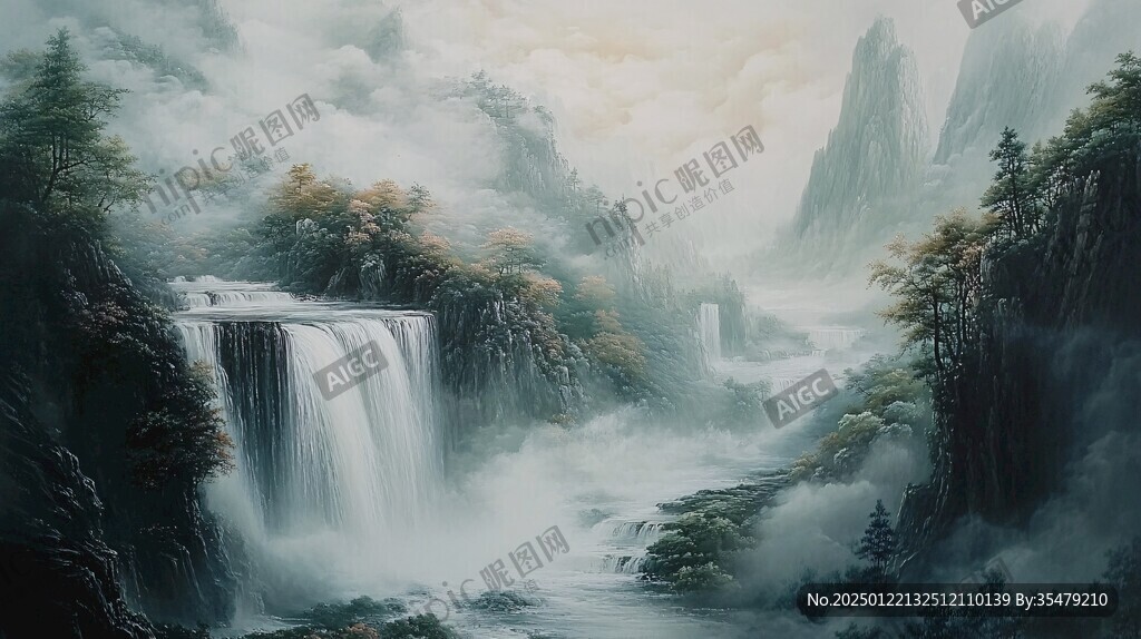 山水風(fēng)景油畫瀑布