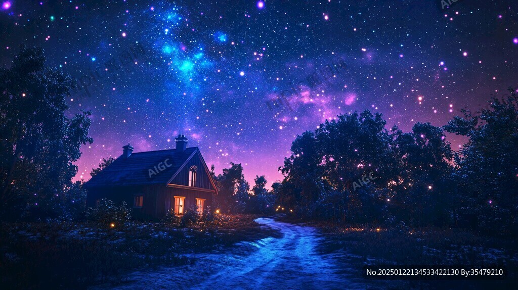森林里的木屋夜景
