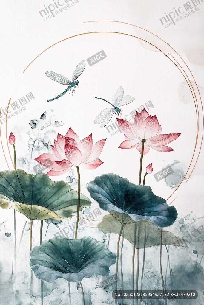 蜻蜓荷花插畫